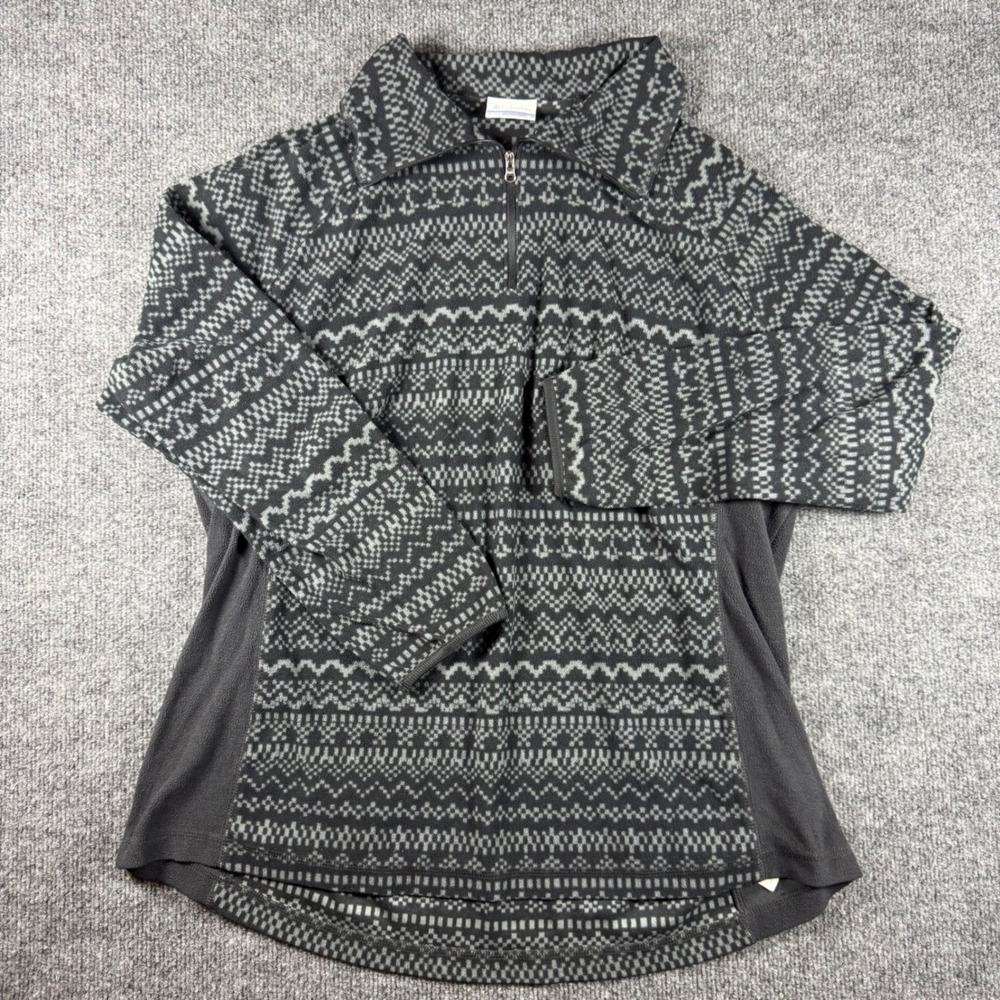 Columbia Womens 1X Fleece Pullover Quarter Zip Fair Isle Grey Black AW6437